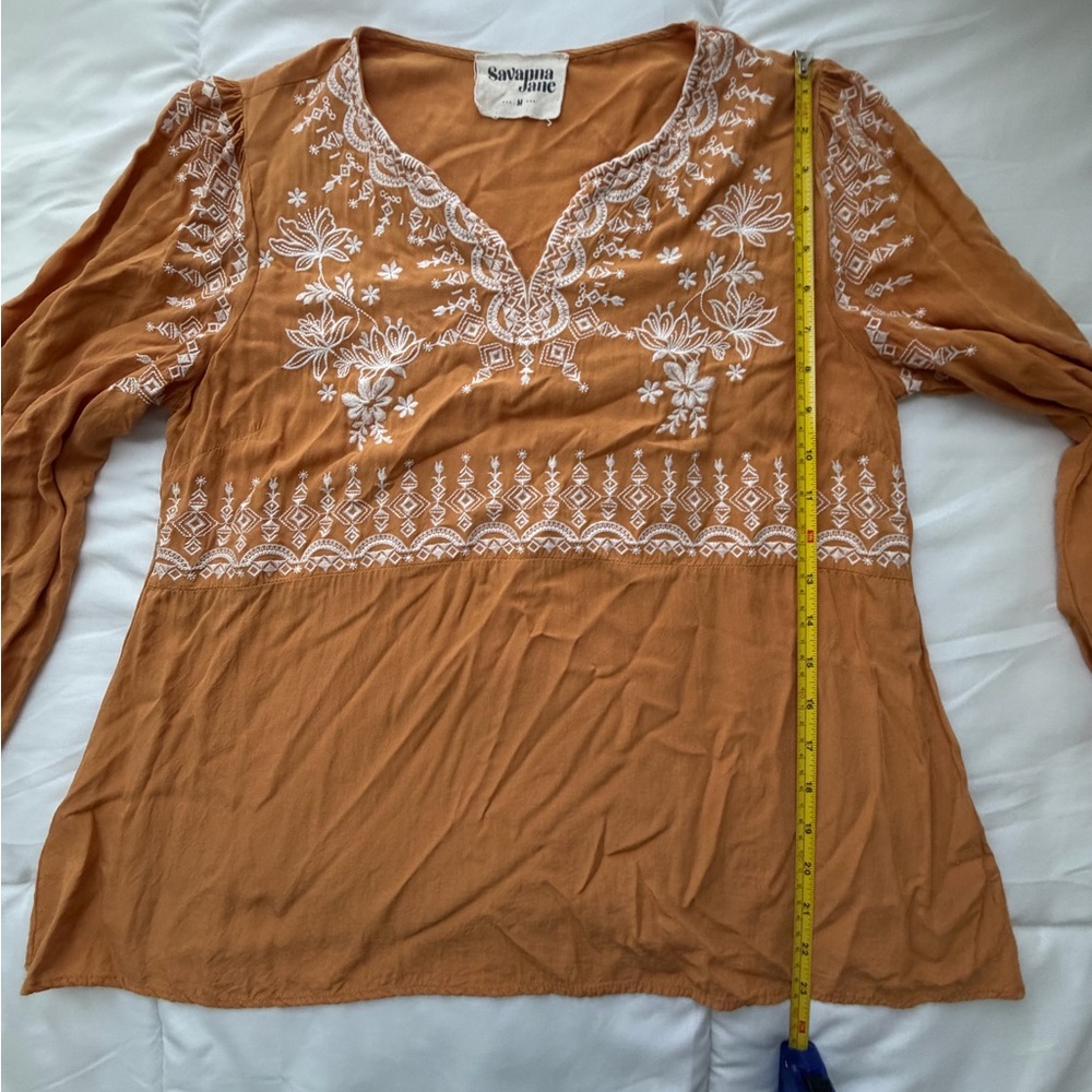 Savanna Jane Boho Peasant Blouse Size M Yellow Embroidered Floral Long Sleeve - Picture 12 of 15